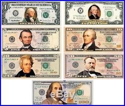 Complete Set of 7 COLORIZED 2-SIDED U. S. Banknotes $1/$2/$5/$10/$20/$50/$100