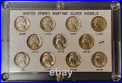 Complete Set of All 11 Silver WWII Jefferson Nickels in GEM BU in Custom Holder