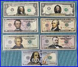 Complete set of 7 Genuine Legal Tender 2-sided colorized bills $1-$100