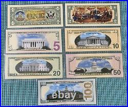 Complete set of 7 Genuine Legal Tender 2-sided colorized bills $1-$100