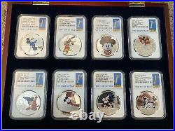 DISNEY Mickey Donald 8 SILVER coins complete SET NGC PF 70 UC 1st R display BOX