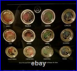Lebanon 5 Liras Complete Set Of 12 Zodiac Signs Colored Proof Silver Coins