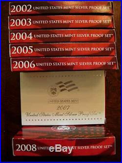 Lot US Mint Silver Proof complete coin sets 2002 2003 2004 2005 2006 2007 2008