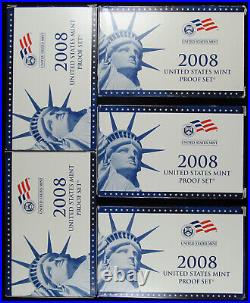 Lot of (5) 2008 S U. S. Mint Clad Proof Sets Complete in Original Packaging (OGP)