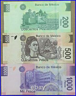 Mexico Complete Set 6 Banknotes, 20, 50, 100, 200, 500, 1000 Pesos. Type F. UNC