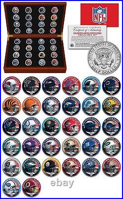 NFL FOOTBALL HELMET LOGO US JFK Half Dollar Complete 32-Coin Cherry Wood Box Set