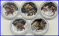 Perth Mint Dragons Of Legend- Complete 5 Coin Set. 999 Silver Proof 5 oz. AG Lot
