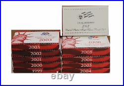 Proof sets Silver 1999 2008, 10 complete sets 109 coins US MINT Run lot