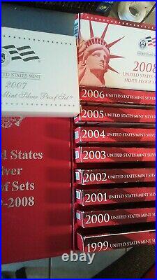 Silver Proof set run. 1999 thru 2008. 10 complete sets with storage box