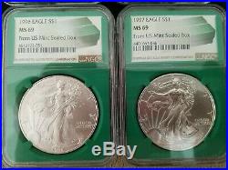 U. S. SILVER Eagle Set COMPLETE 1986 to 2020 in GREEN NGC MS 69 Monster Box
