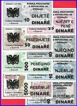 Yugoslavia, Kosovo complete set of 8 banknotes in 1999. UNC